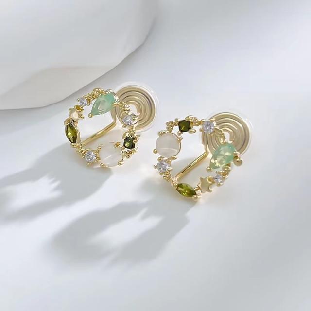 Delicate opal stone round shape copper clip on earrings