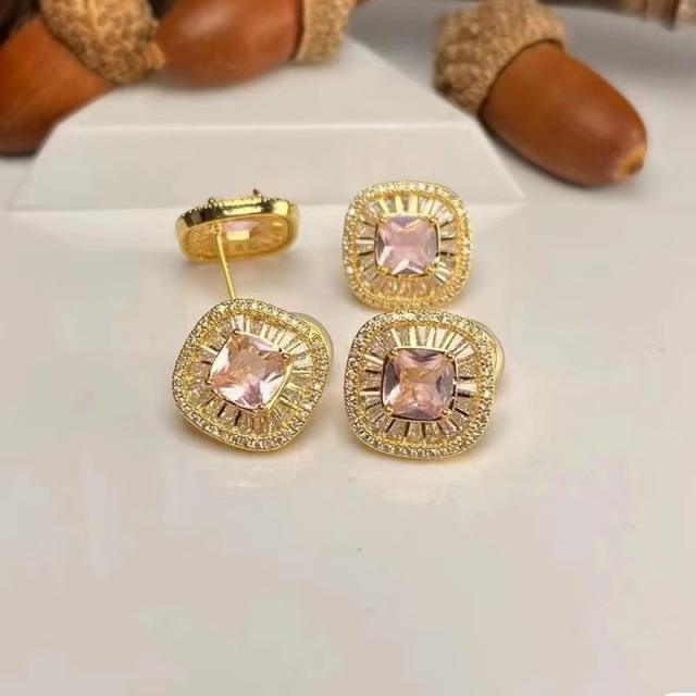 Elegant sweet pink cubic zircon copper clip on earrings