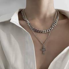 Hiphop two layer cross charm cuban chain stainless steel necklace for men