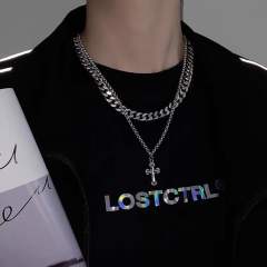 Hiphop two layer cross charm cuban chain stainless steel necklace for men