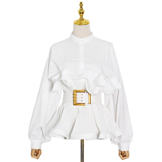 Elegant plain color balloon sleeve blouse with corset belt