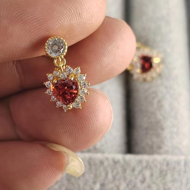 Elegant color cubic zircon heart copper clip on earrings