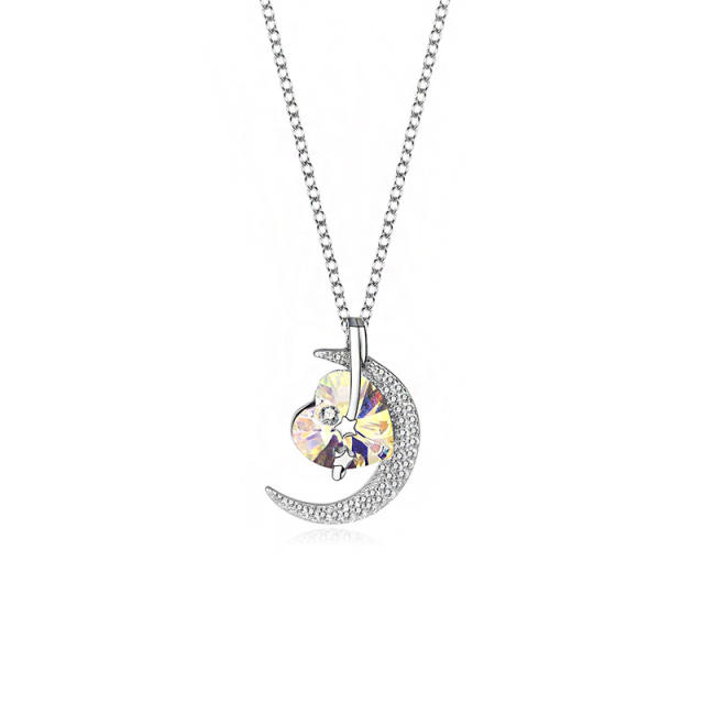 925 sterling silver chain austrian crystal heart moon pendant necklace