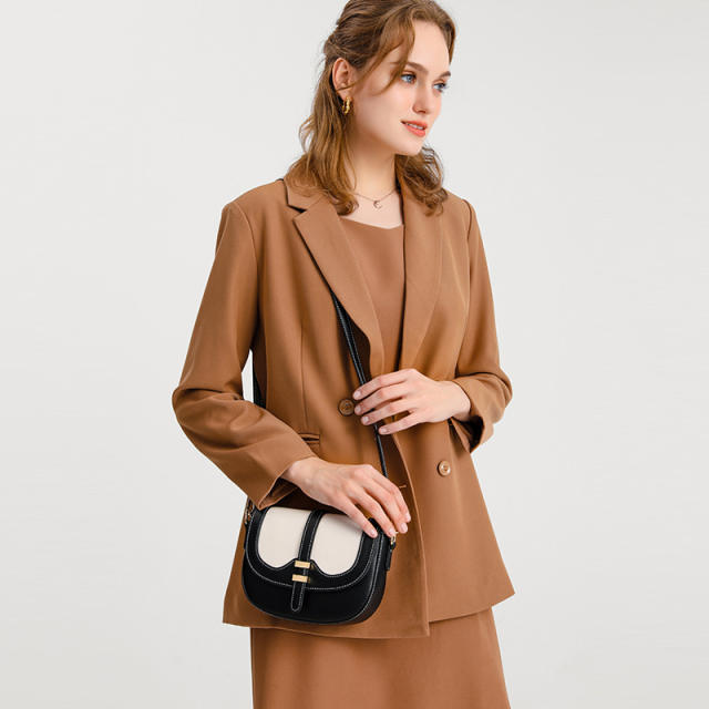 Fashionable color matching leather saddle crossbody bag