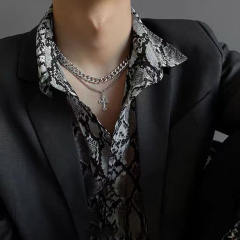 Hiphop two layer cross charm cuban chain stainless steel necklace for men