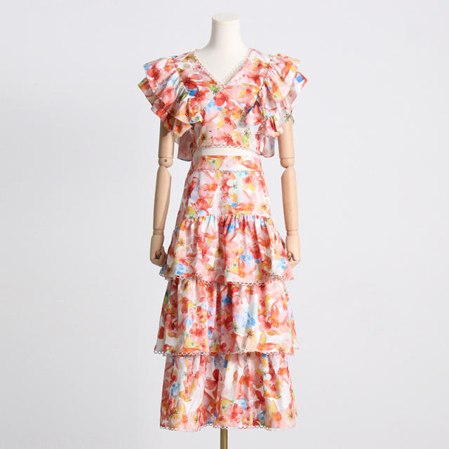 Summer design v neck floral crop tops maxi skirt set