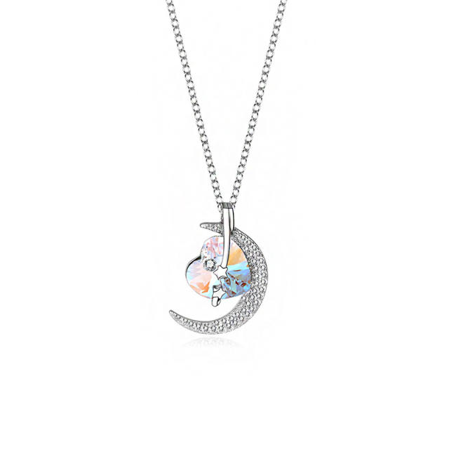 925 sterling silver chain austrian crystal heart moon pendant necklace