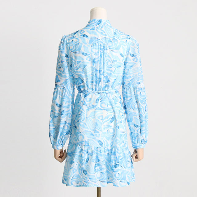 Holiday trend long sleeve blue color floral shirt dress