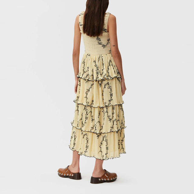 Summer design yellow color printing maxi dress