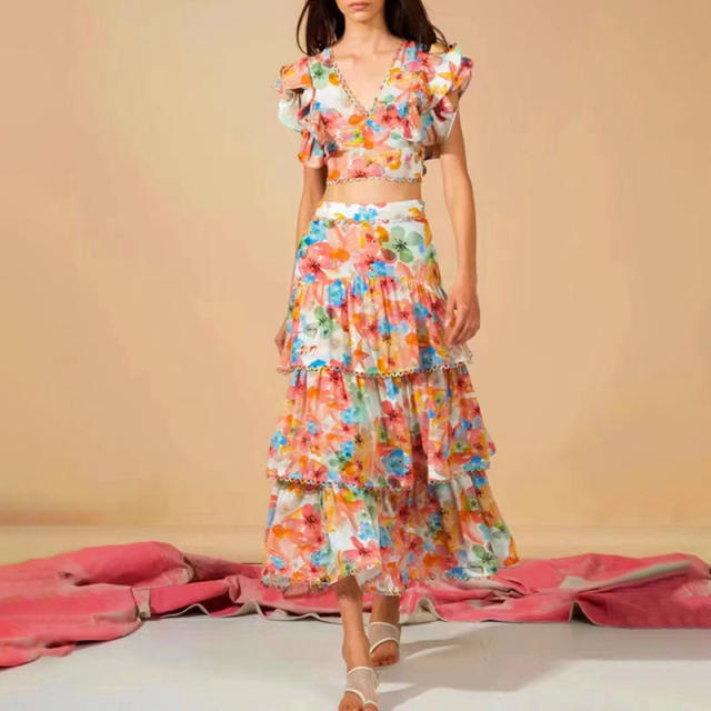 Summer design v neck floral crop tops maxi skirt set