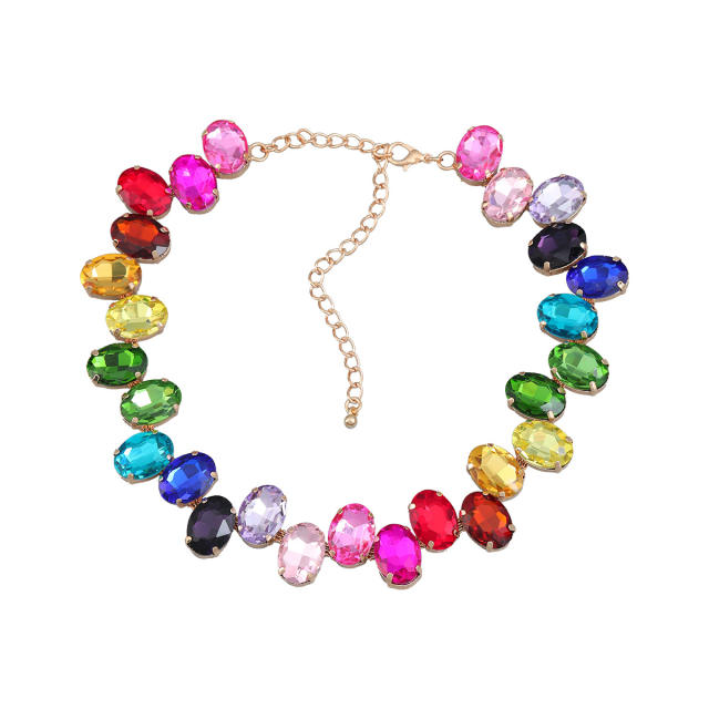 Exaggerated color glass crystal statement alloy necklace