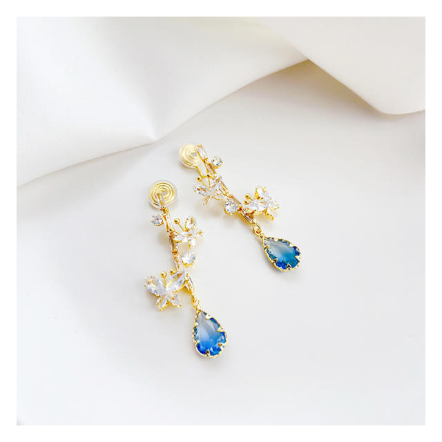 Elegant blue cz drop diamond butterfly clip on earrings