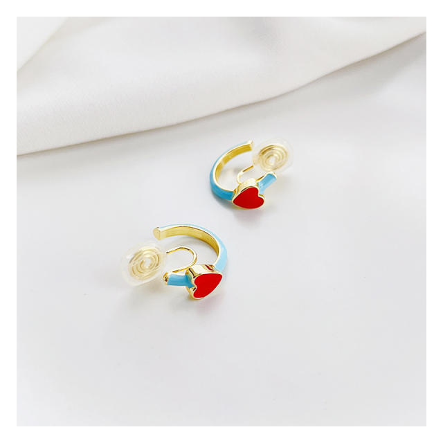 Blue enamel red heart copper clip on earrings