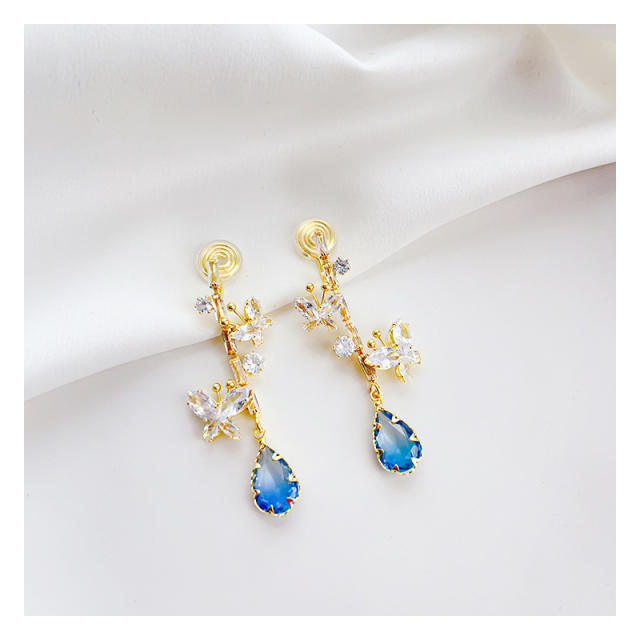 Elegant blue cz drop diamond butterfly clip on earrings