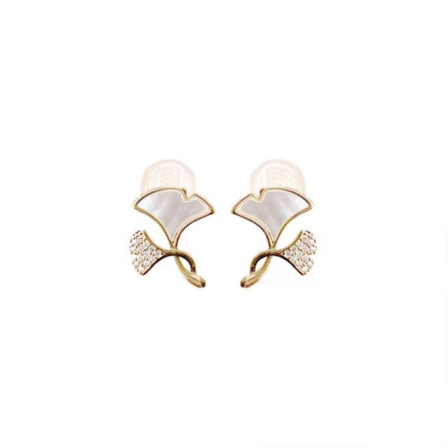 Gold plated mother shell ginkgo leaf clip on earrings