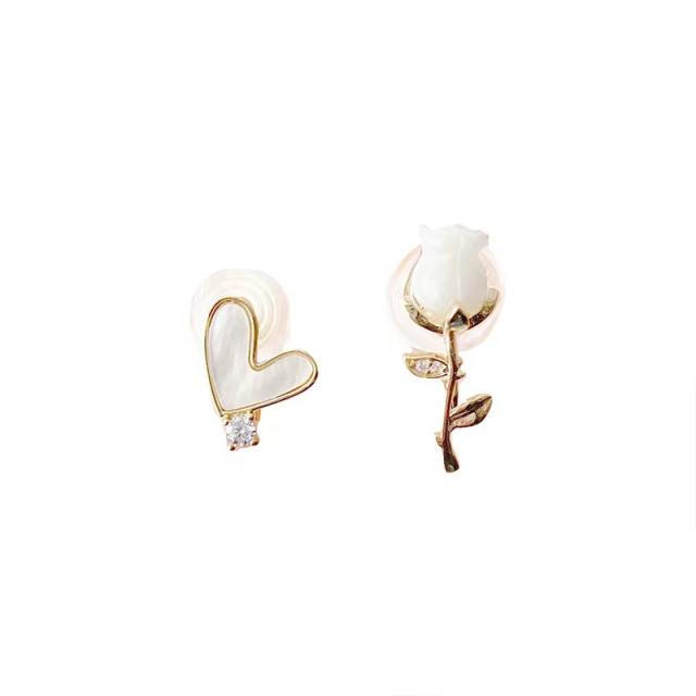 Vintage white heart rose flower clip on earrings