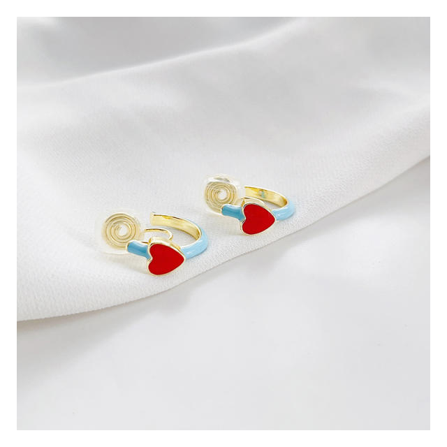 Blue enamel red heart copper clip on earrings