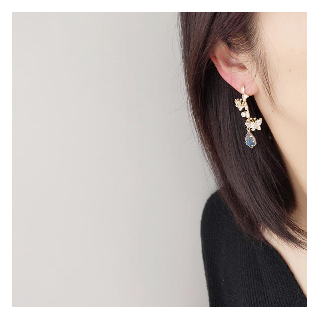Elegant blue cz drop diamond butterfly clip on earrings