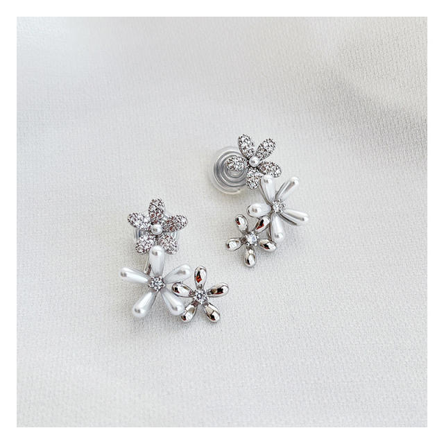 Silver color copper flower clip on earrings