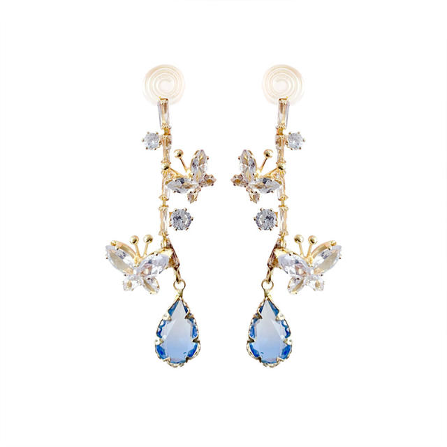 Elegant blue cz drop diamond butterfly clip on earrings