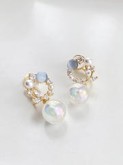 Opal stone pearl drop clip on earrings