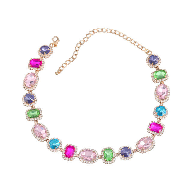 Exaggerated color glass crystal statement alloy choker necklace