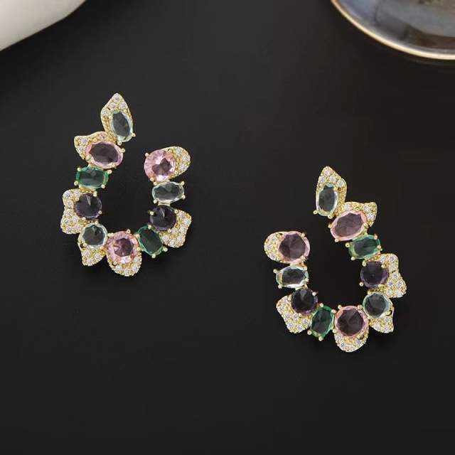 Luxury color glass crystal statement geometric earrings