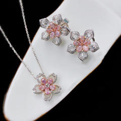 Sweet pink cubic zircon flower pendant copper necklace set
