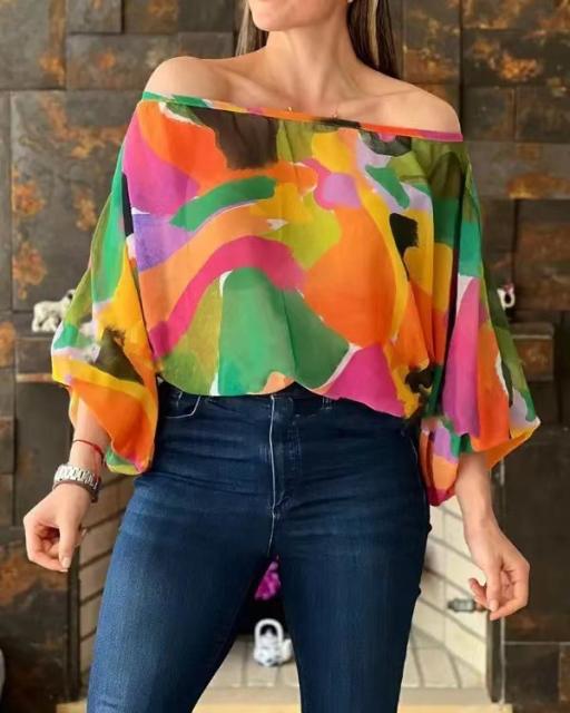 Summer colorful printing off shoulder women tops