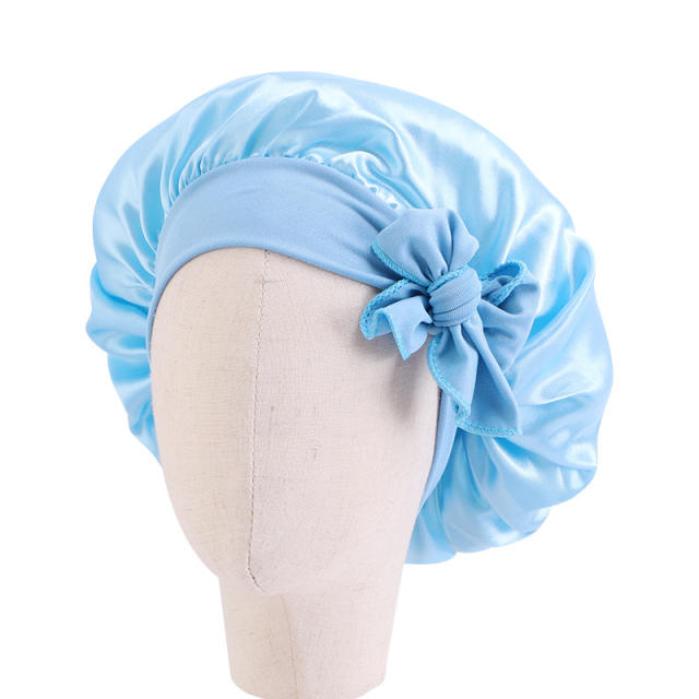 Cute hair scraf bow plain color satin bonnets for kids