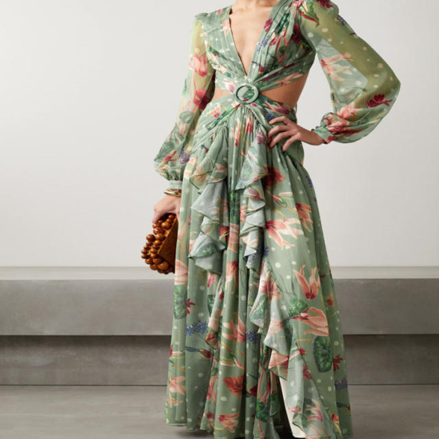 New design v neck floral ballon sleeve maxi dress