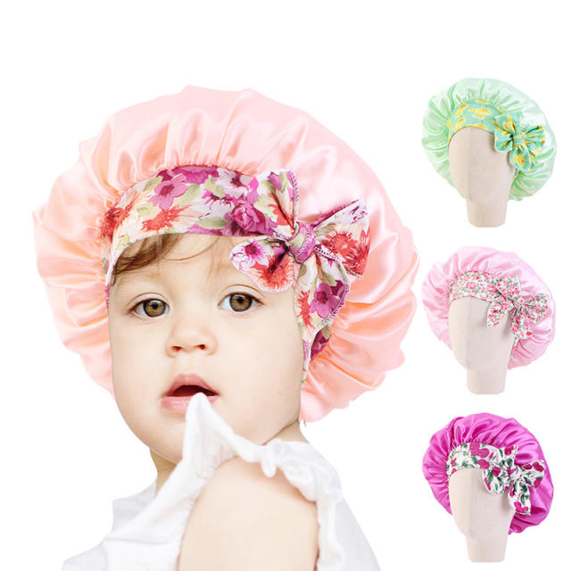 Floral bow cute satin kids bonnets
