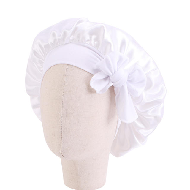 Cute hair scraf bow plain color satin bonnets for kids