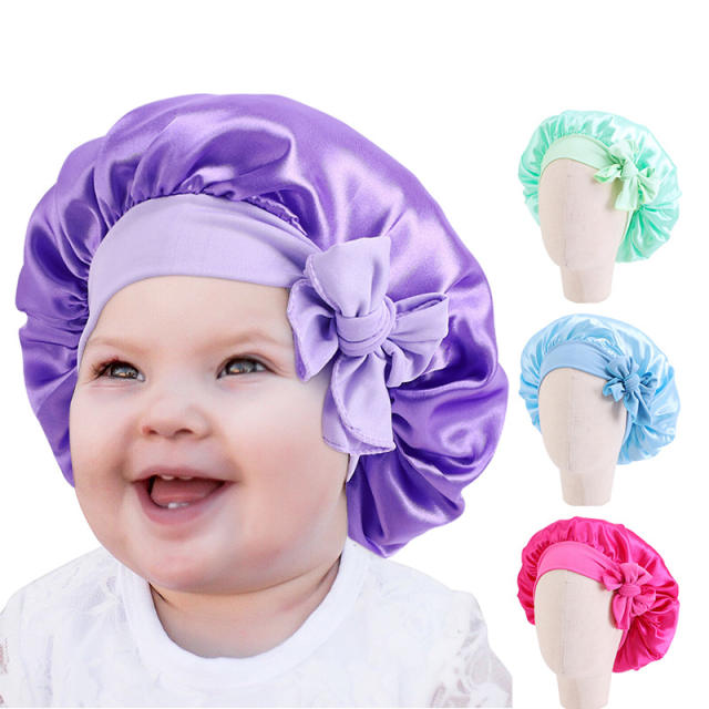 Cute hair scraf bow plain color satin bonnets for kids