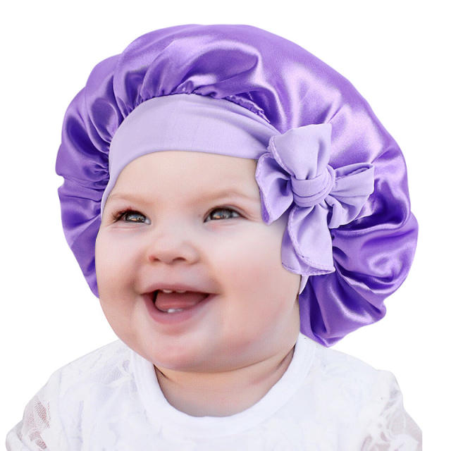 Cute hair scraf bow plain color satin bonnets for kids