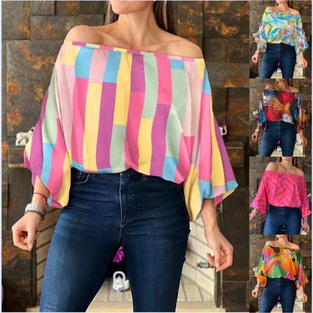 Summer colorful printing off shoulder women tops