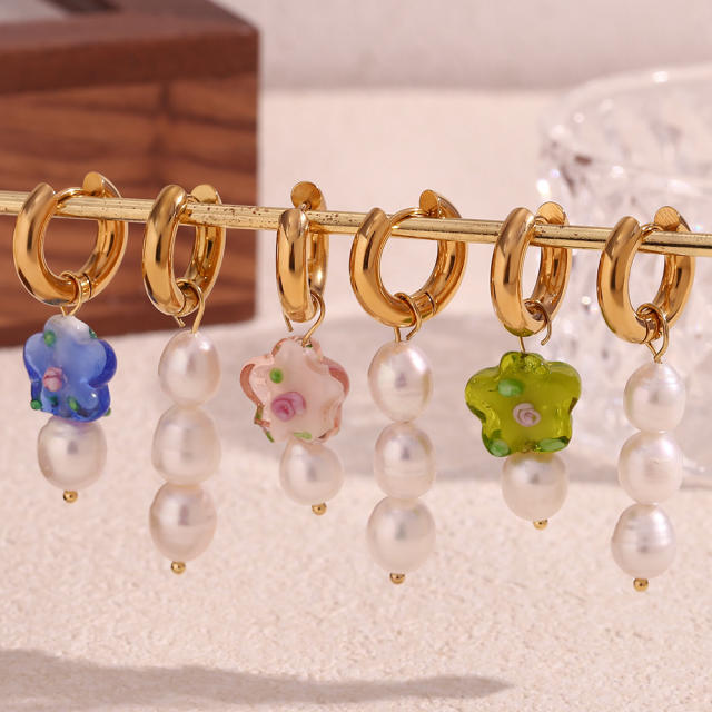 18KG water pearl bead flower stainless steel Asymmetric earrings