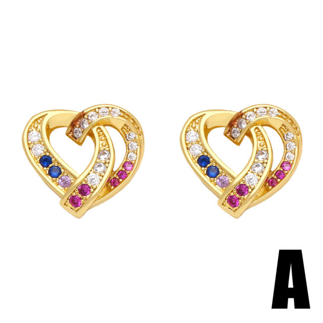 Creative CZ butterfly heart gold plated copper ear studs