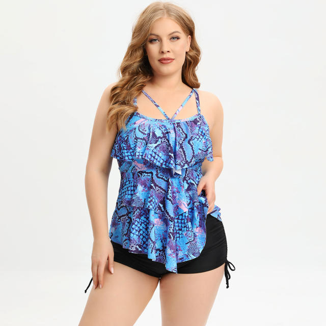 Plus size color printing ruffle two piece swimsuit