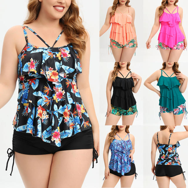 Plus size color printing ruffle two piece swimsuit