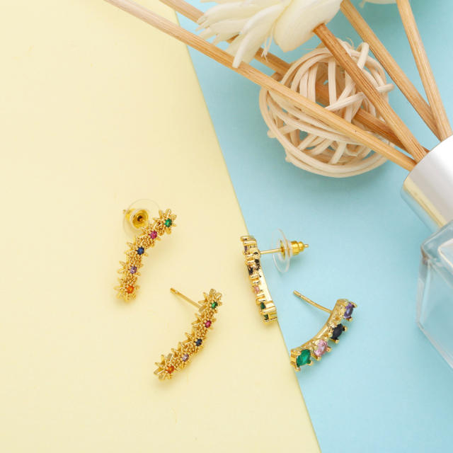 Rainbow cz gold plated copper ear studs