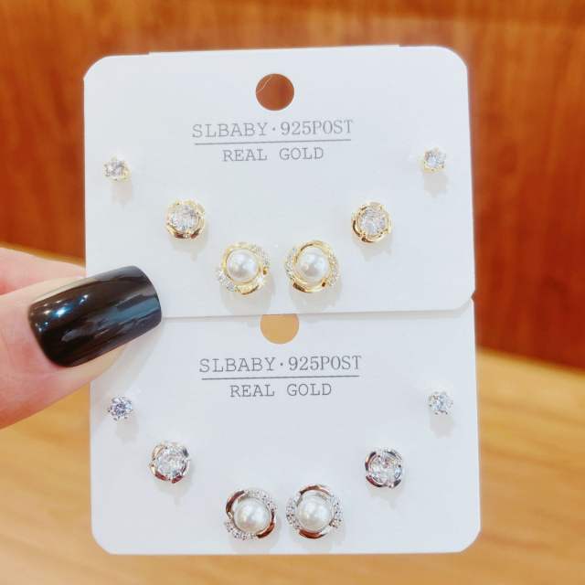 Chic pearl diamond basic copper ear studs set