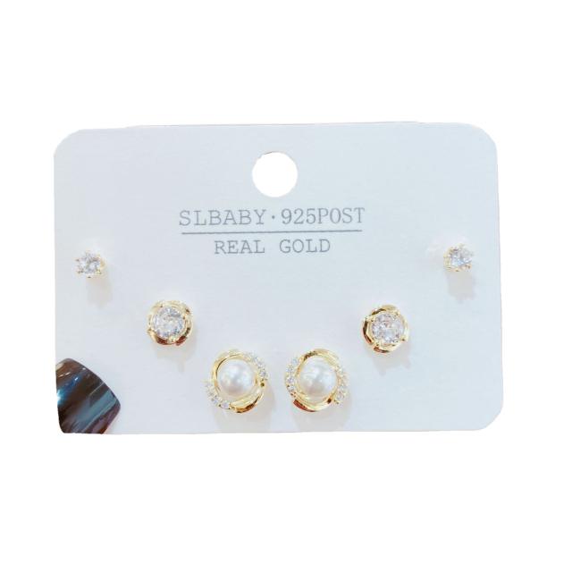 Chic pearl diamond basic copper ear studs set