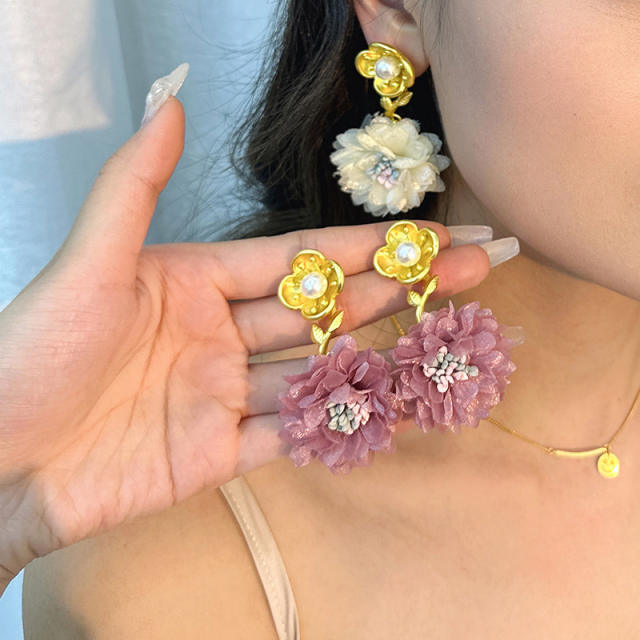 Creative 925 needle fabric flower dangle earrings
