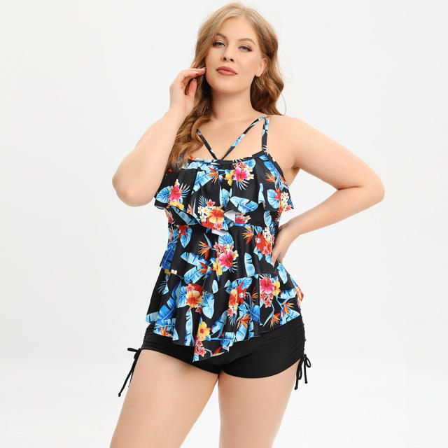 Plus size color printing ruffle two piece swimsuit