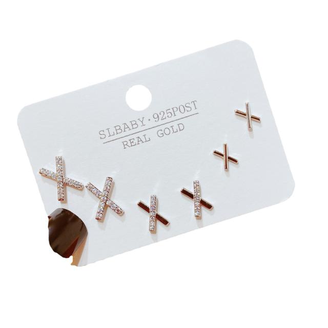 Chic diamond X letter copper ear studs set