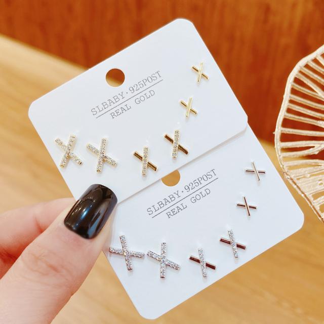 Chic diamond X letter copper ear studs set