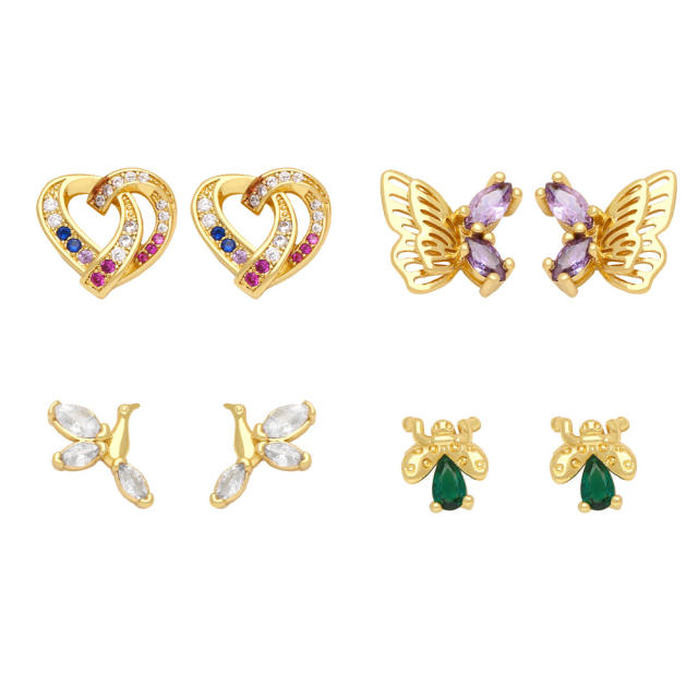 Creative CZ butterfly heart gold plated copper ear studs