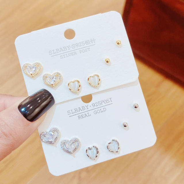 925 needle elegant opal stone heart copper earrings set