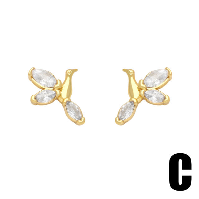 Creative CZ butterfly heart gold plated copper ear studs
